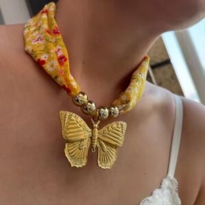 New 18k Gold Ss Butterfly Pendant Fabric Cord Necklace